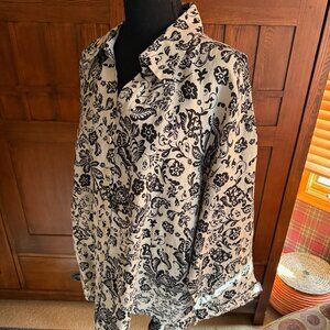 Black and Cream Floral Print Button Down Linen Blouse Size 3X